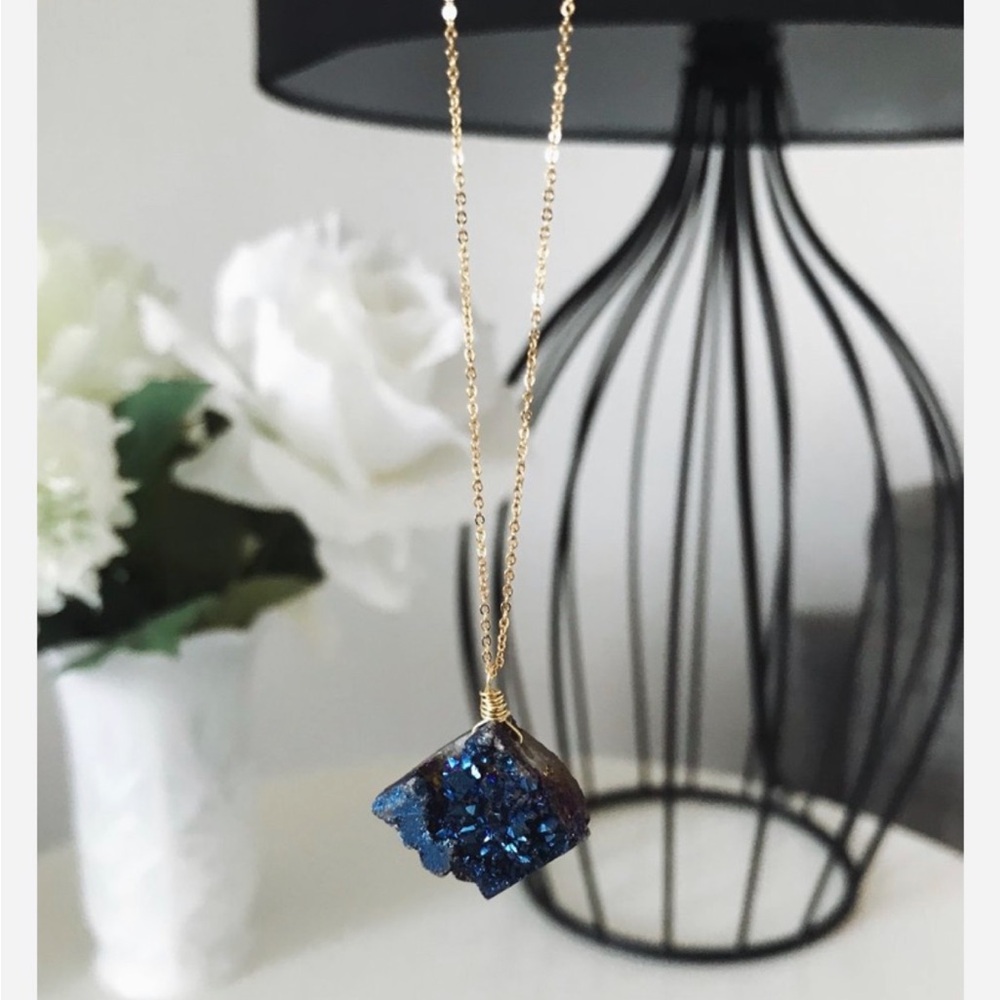 mystic blue druzy warm gold necklace